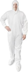 White Hazmat Suits, Large. Pack of 5 Waterproof MPP Disposable Coveralls with Hood, Boots, Elastic Wrists, Zipper. Tear Resistant 60 GSM Unisex Painte